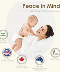 Mother holding baby, BPA-free certification icons, and product quality assurance for Maymom.