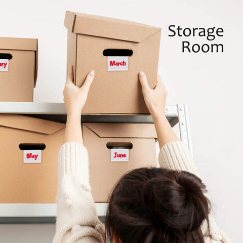 Clear Plastic Label Clips For Wire Shelves With 50pcs Merchandise Tags transparent storage markers used on labeled cardboard boxes.