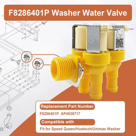 Washer Water Valve Replacement With 3 Solenoid Coils For Speed Queen Huebsch Unimac Models AP4526717 Compatible Rugged Fit And Easy Install F8286401P Part Replacement For Reliable Wash Cycles, yellow metal-bodied valve