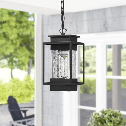 Outdoor Indoor Pendant Light For Front Porch And Entryway, 11.4 Inch Dope Modern Exterior Ceiling Chandelier with garden view.