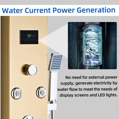 Heavy Duty Led Five In One Shower Panel Tower System With Brushed Gold Finish And Rock Solid 304 Stainless Steel Frame for water power generation.