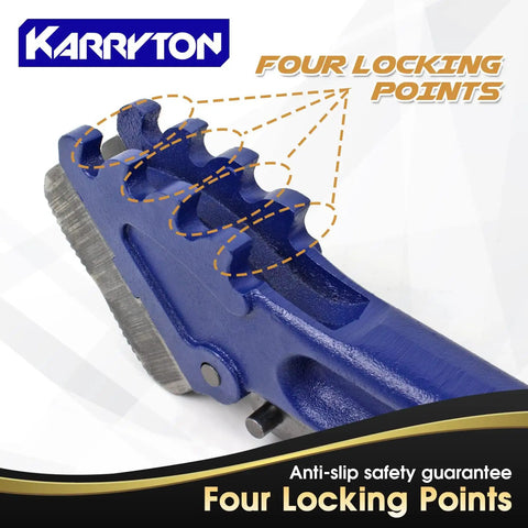 Heavy Duty Chain Pipe Wrench with 36 Inch Chain showing four locking points and anti-slip safety guarantee in blue.