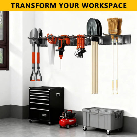 Heavy Duty Garage Tool Organizer Wall Mount 48 Inch Storage Rack with 6 Adjustable Double Hooks installed holding tools