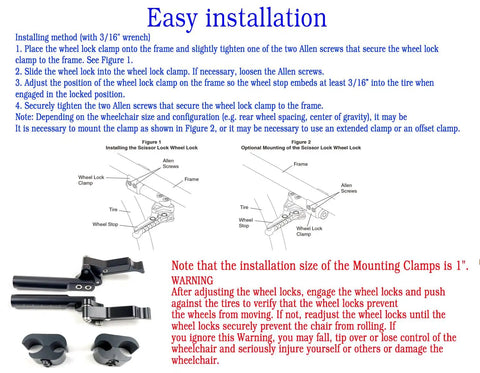 Diagram showing installation of All Aluminum Compact Scissor Wheel Brakes for Wheelchairs, DIY Install, 1 Inch Mount.