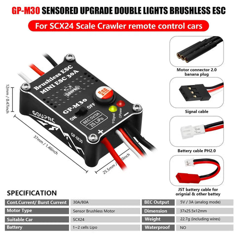 GP-M30 sensored brushless ESC for SCX24 scale crawler, featuring upgrade lights, connectors, and JST battery cables with specifications.