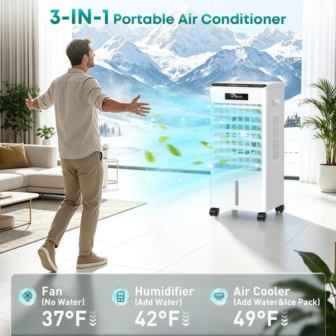 Beast Mode Cooling 8000 BTU Windowless Portable AC in modern living room, showing 3-in-1 fan, humidifier, air cooler functions.