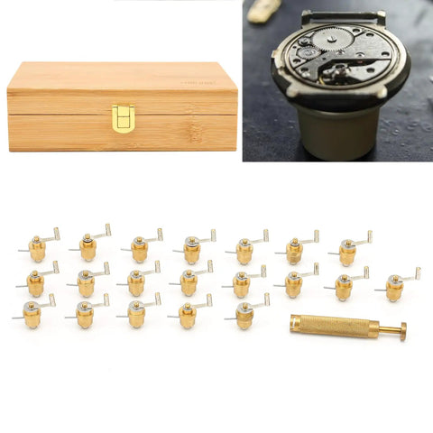 Pro Grade Mainspring Winder Tool Kit With Copper Construction, wooden box, 20 winders, wristwatch repair tools displayed