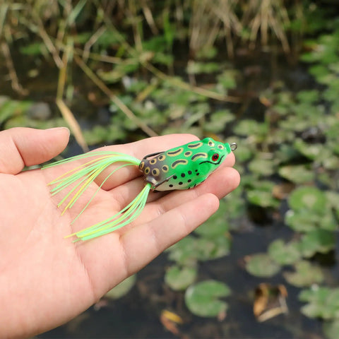 Hand holding a green topwater frog lure, part of Five Piece Topwater Frog Lures Set For Freshwater Fishing Catch Bass And More Ray Frog Soft Baits In White Black Green Yellow Includes 3 Large 6cm And 2 Small 5cm Lures Weedless Bass Pike Snakehead Musky Baits With Tackle Box, with lily pads in the background.