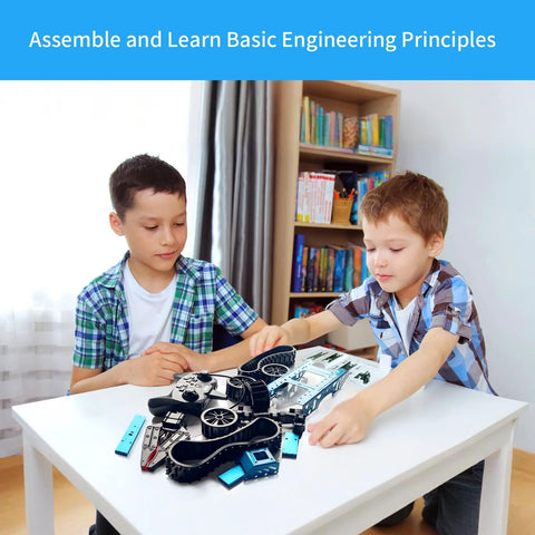 Kids exploring a kids STEM robotic arm kit, assembling parts at a table, learning coding and engineering basics through hands-on activity.