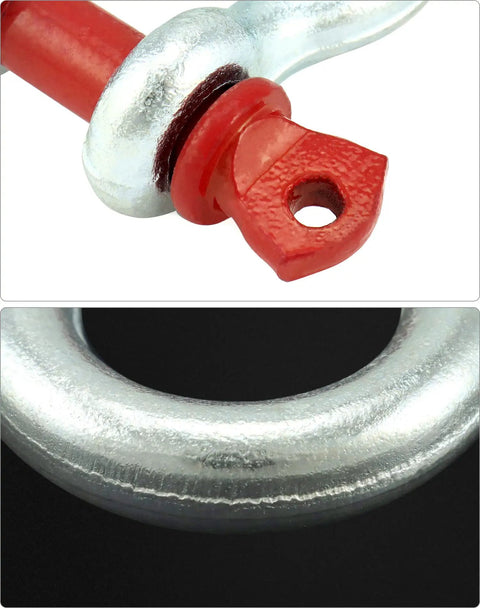 Close-up of Hella Rugged Three Eighths Inch Galvanized Screw Pin Anchor Shackles Ten Pack showing the zinc coated D ring connectors.
