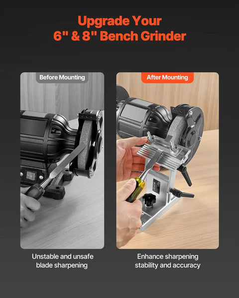 Comparison of bench grinder setups before and after using Adjustable Bench Grinder Tool Rest For 6 Inch Or 8 Inch Grinders.