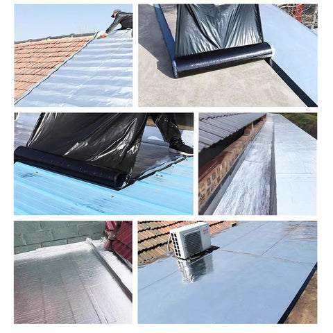 Collage of Pro Level Self Adhesive Aluminum Foil Roof Flashing Tape Heavy Duty Butyl Waterproofing Underlayment Roll application on roofs.