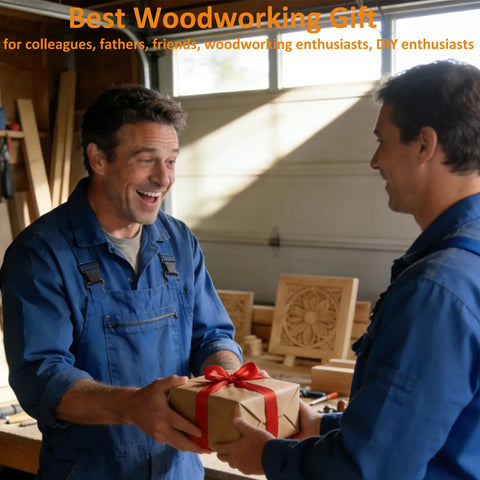 Two men in a woodworking shop exchanging a gift, surrounded by wooden projects and tools.