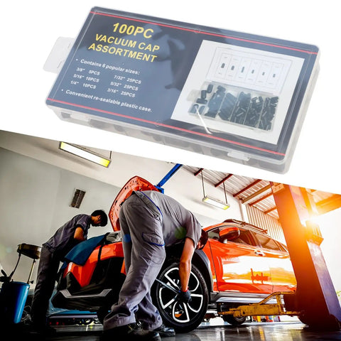 Mechanics using Bulk 100 Pack Rubber Vacuum Cap Kit for cars in garage, showcasing hose seals and testing maintenance.