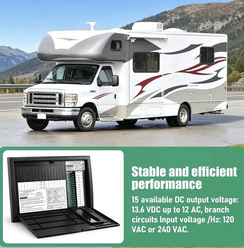 Rugged RV Power Hub And Distribution Center With 30 Amp Or 50 Amp Main Breaker 120 240V Dual Voltage in a campsite setting