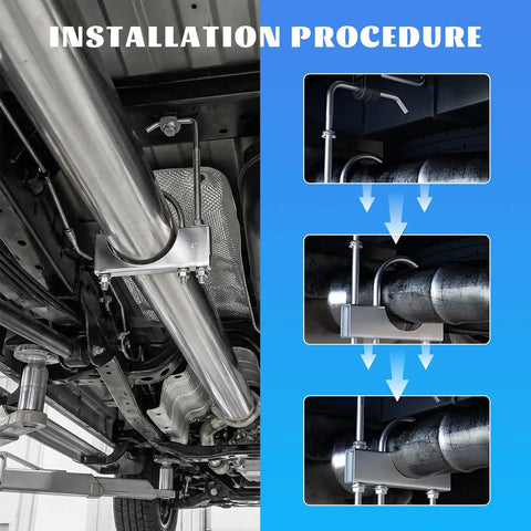 3 Inch Heavy Duty Exhaust Pipe Clamp And Universal Adjustable Muffler Hanger Bracket shown during installation procedure under a vehicle.