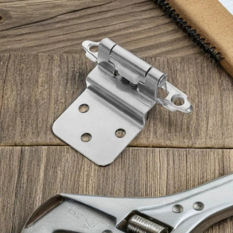 Beefy 4 Pack Heavy Duty Self Closing Hidden Cabinet Door Hinge, iron finish, showing installation hole details on wood surface.