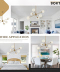 Six Light Modern Sputnik Chandelier Set With Milk Glass Globes For Kitchen Island Pendant Lighting In Gold White Brushed Brass Finish With Farmhouse Vibe And Ceiling Mount Design displayed in various interior settings.