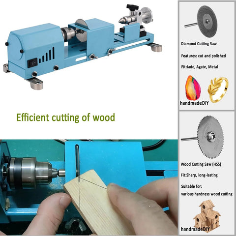 Front view of blue mini desktop lathe with tailstock and chuck for wood turning