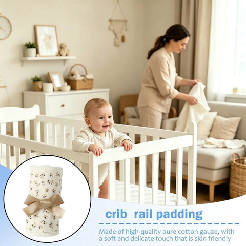 Baby in crib with Breathable Cotton Teething Bed Rail Covers, 4 Piece Adjustable Chew Proof Rail Protector For Cribs inset