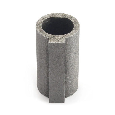Steel stepper motor shaft sleeve adapter for 8-11mm bore, shown upright, compatible with RV030 and NMRV030 gear reducers.