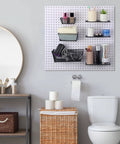 Six Piece Pegboard Baskets Set Wall Mount Wire Pegboard Baskets In Three Sizes Small Medium Large For Tools And Crafts Slatwall Bins Hanging Organizer For Home Garage Black Slick Storage installed in bathroom.