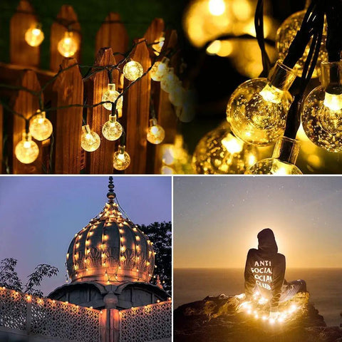 Solar Powered Outdoor String Lights 50 LED 24ft 8 Modes Waterproof Fairy Lights With Globe Crystal Balls glowing in various settings