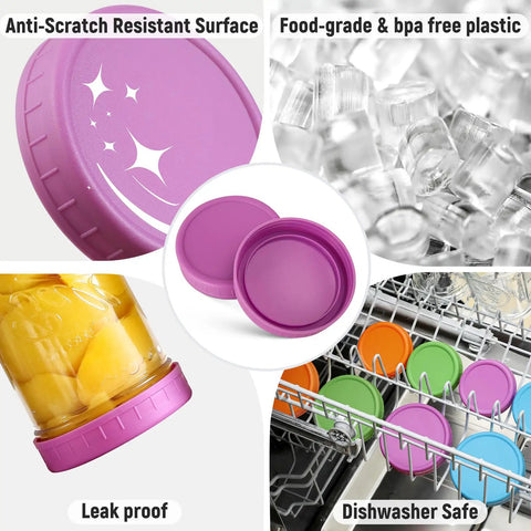 Hella Versatile Wide Mouth Mason Jar Lids 16 Pack Dope Colored Plastic Caps showcasing leak-proof and dishwasher-safe features.