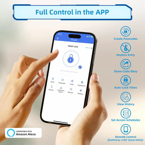 User interface of the No Sweat Smart Keyless Door Lock With Fingerprint Scanner and Backlit Keypad showing app control features.