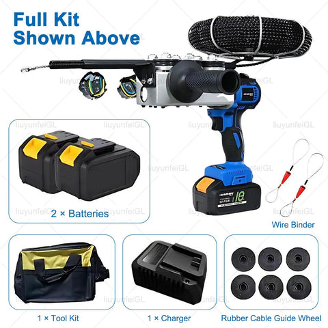 Heavy Duty 21V Brushless Wire Tugger With 6 Wheel Drive Pulling Force Fish Tape Tool shown with accessories and batteries.