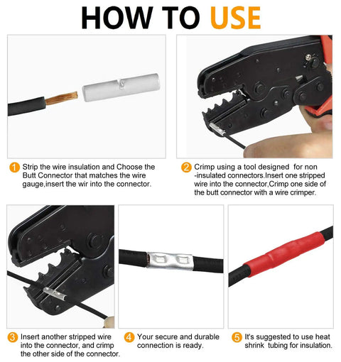 Image showing steps to use 8 Pack 2 Gauge Non Insulated Butt Connectors And 8 3 To 1 Dual Wall Heat Shrink Tubing Kit for copper wires.