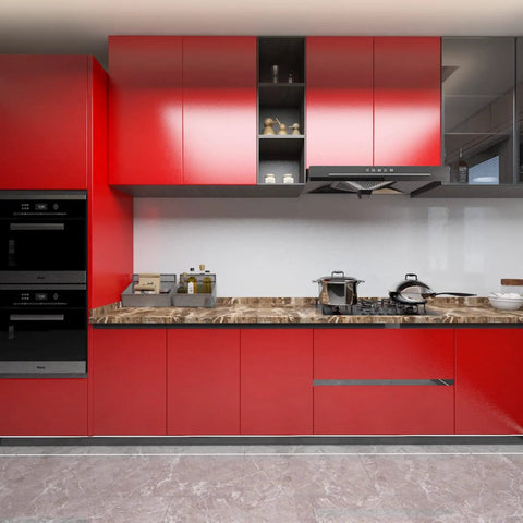 Modern kitchen with Red Glossy Peel And Stick Wallpaper Vinyl Wrap With Glitter Finish, covering cabinets and backsplash.