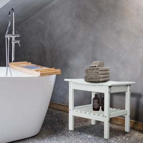 HDPE Shower Bench With Space Saving Storage Shelf For Bathroom Use Waterproof Indoor Spa Stool next to bathtub