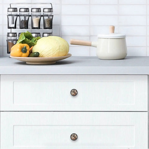 Set Of 4 1.37 Inch Round Cabinet Knobs Brown Butterfly And Flower Design, Glass And ABS Knob Handles on white drawers