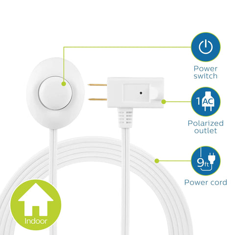Plug In Footswitch With 9 Foot Flat Plug Extension Cord For 1 Outlet Convenience Easy Flip On Off Switch 120 Volt White