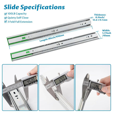 18 Inch Soft Close Drawer Slides Featuring Adjustable Tension Side Mount Full Extension Runners Built Tough with measuring specifications
