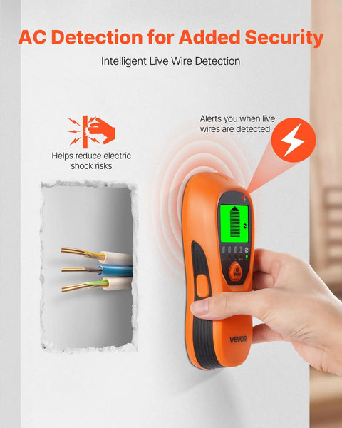 No More Blind Swinging Drill Holes 5in1 Stud Finder Wall Scanner detecting live wires with sharp sensor and LCD display.