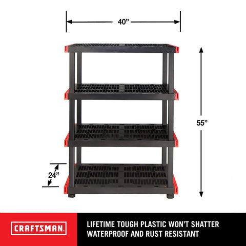 Heavy Duty Four Tier Plastic Storage Shelves For Garage Organization Built Tough With Ample Space Easy Setup indoors, dimensions 40x24x55 inches.