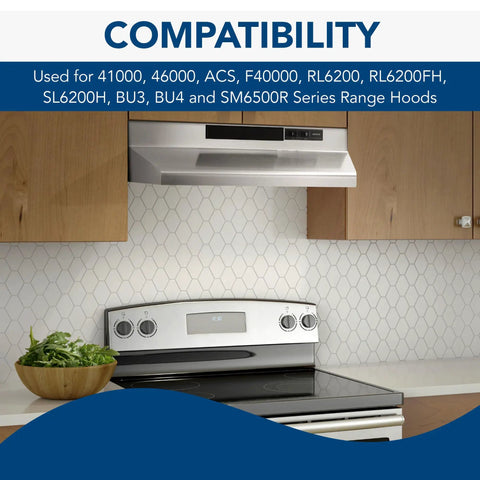 Ductless range hood compatibility for various models above a kitchen stove with backsplash, 41F Replacement Charcoal Filter shown.