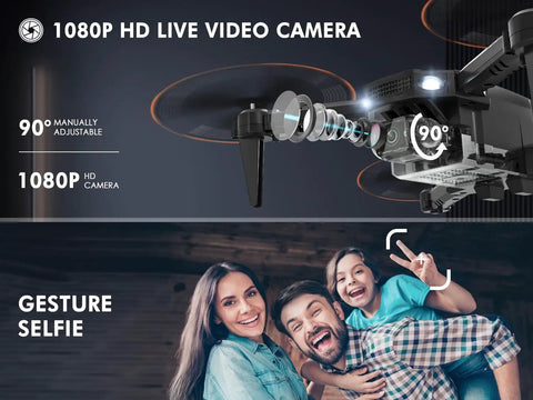Mini Drone With 1080P HD FPV Camera For Kids RC Quadcopter With Altitude Hold Gravity Sensor Dual Batteries Live Video Via App Easy Remote Control Toy For Boys And Girls Black showcasing camera lens and gesture control with family taking a selfie.