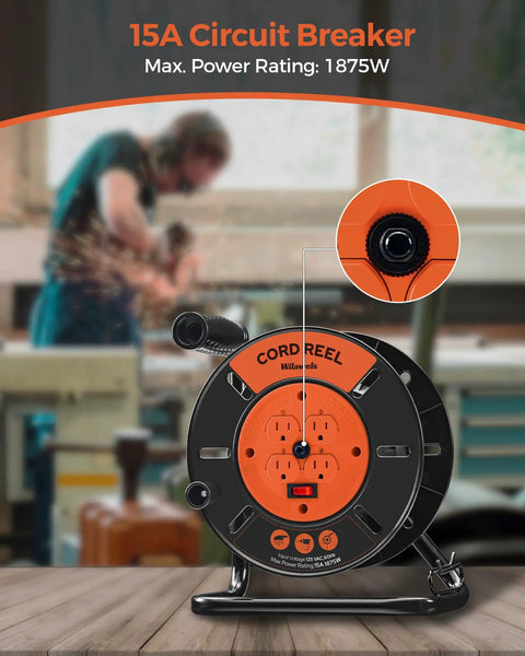 Heavy Duty Extension Cord Storage Reel With Four Grounded Outlets Built Tough Hand Wind Retractable Reel For 12/3 14/3 16/3 Gauge Cords 15 Amp Circuit Breaker ETL Listed Orange shown in workshop setting.