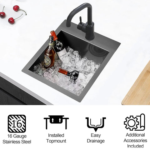Single Bowl Undermount Bar Sink In Brushed Nickel 15 Inch By 15 Inch 18 Gauge 304 Stainless Steel With Satin Brushed Finish. Installed with ice and bottles inside.
