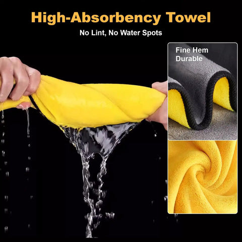 Yellow lint-free towel from 9 Piece Pro Wheel Detailing Kit For All Vehicles with water absorption feature demonstrated.
