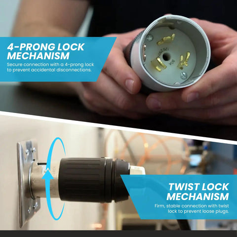 Rock Solid 50A 125/250V Generator Extension Cable With Cs6365C To Cs6364C Locking Twist Plug showing 4-prong lock and twist lock mechanisms.