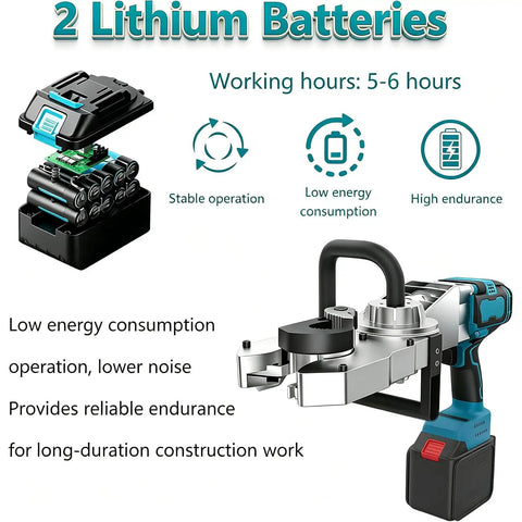 Powerful 800Nm Brushless Cordless Rebar Threader And Steel Bar Cutter with two lithium batteries for construction use.