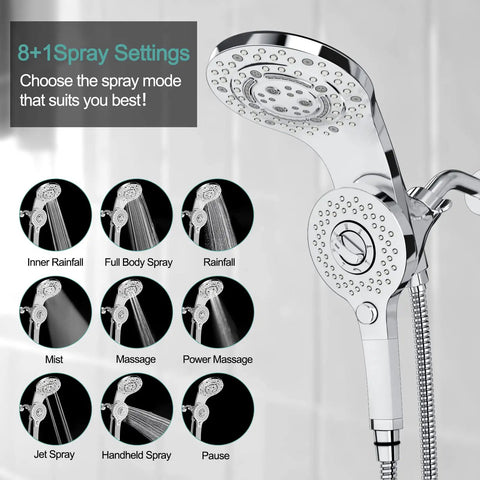 8 Spray 2 In 1 Dual Shower Head With Handheld And Magnetic Dock Hose Included Detachable Pause Switch For Water Saving Chrome Finish