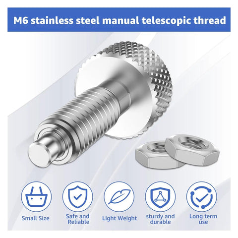 M6 Stainless Steel Retractable Spring Plunger With Knurled Grip Handle, detailed view with nuts and knurled texture.