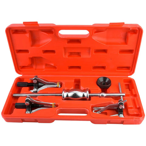 Badass 5 Piece Carbon Steel Internal External Gear Bearing Puller Removal Tool Kit With 100 MM Triple Leg Sliding Hammer 1 2 KG Weight For Strong Grip Locking Easy Extraction Of Stuck Bearings In Your Shop, open case
