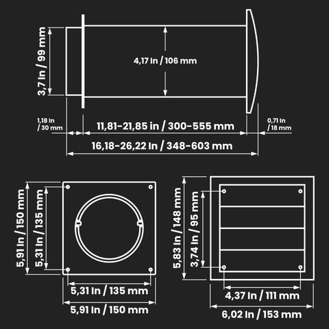 Technical diagram of the 4 Inch Plastic Through Wall Dryer Vent Kit With Easy Adjustable Length From 11.81 To 21.85 Inches, dimensions labeled