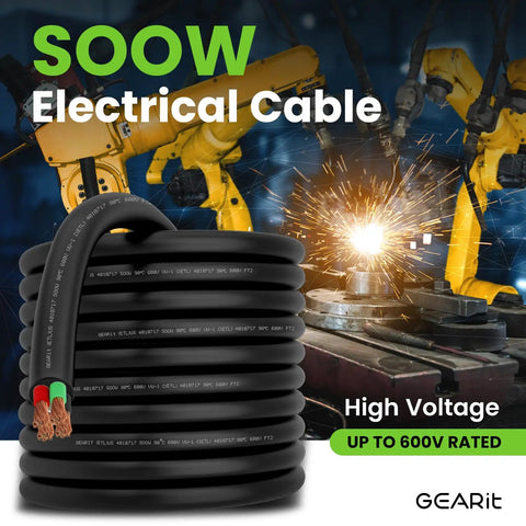 Heavy Duty 12/4 12 AWG Portable Power Cable SOOW 600V 4 Conductor, 25ft Electric Wire For Motors, Portable Lights, Battery Chargers, Stage Lighting And Industrial Machinery displayed with industrial robots and sparks